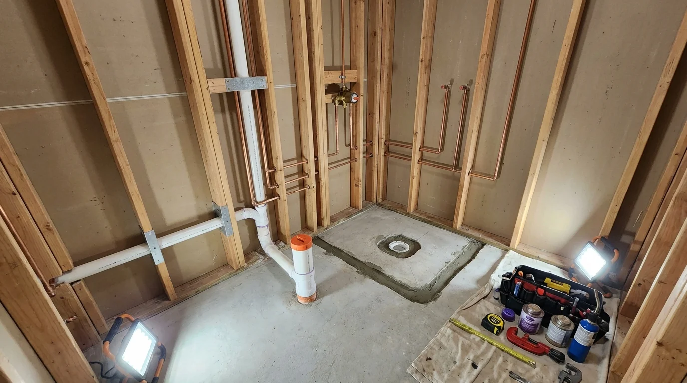 Bathroom rough-in plumbing during remodel by Johns Plumbing LLC in Twentynine Palms