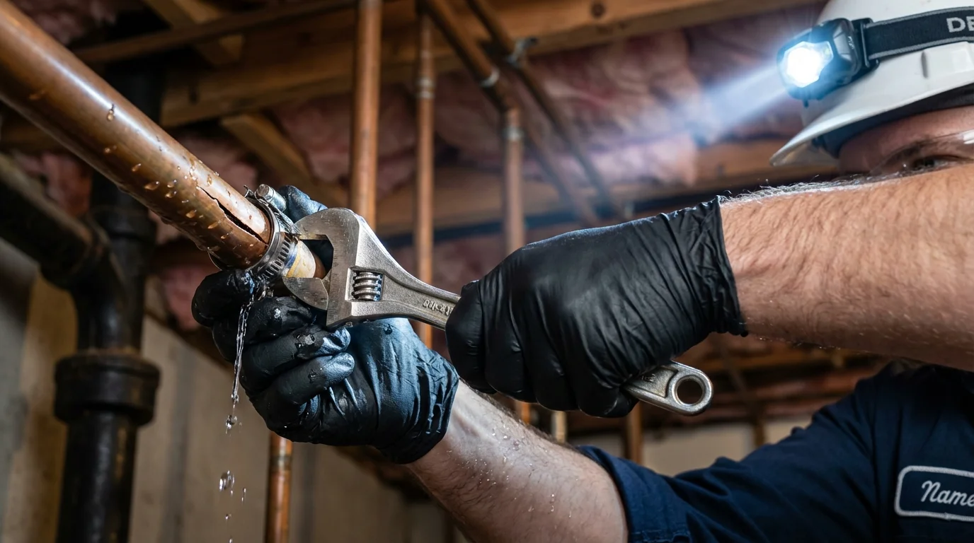 Emergency pipe clamp repair being performed by a Johns Plumbing LLC plumber in Twentynine Palms