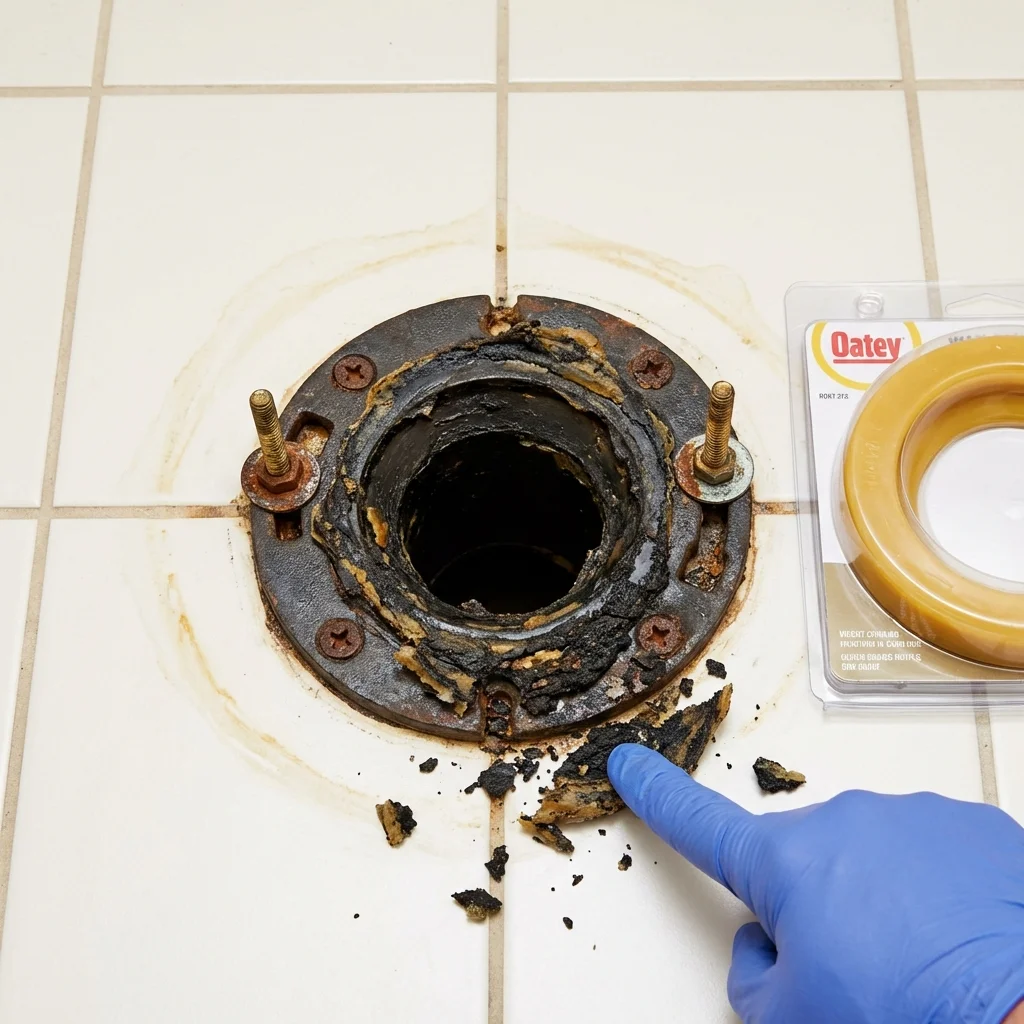 Failed wax ring showing water seepage at the base of a toilet in a Twentynine Palms, CA home