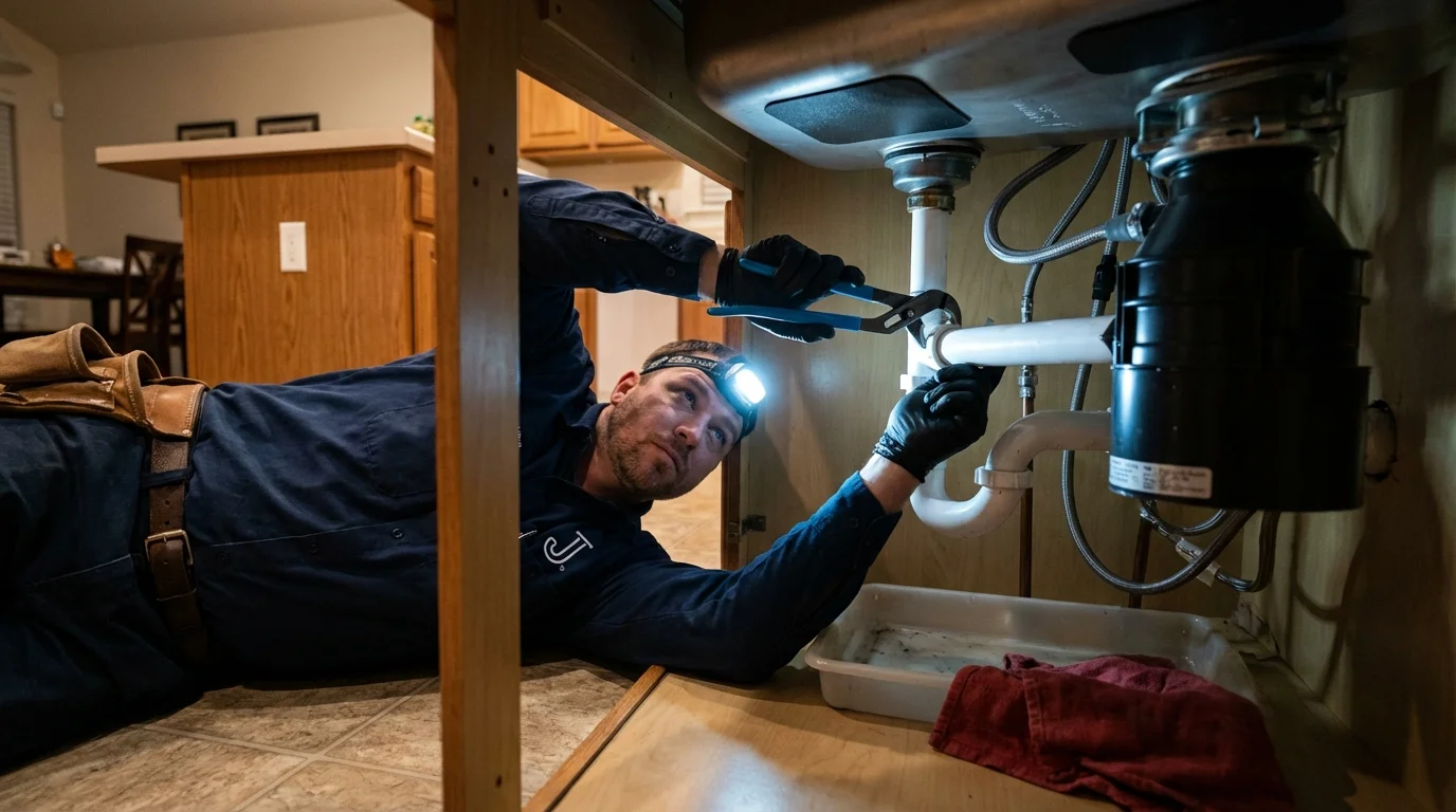 P-trap and supply line connections under a kitchen sink showing a common leak point in Twentynine Palms, CA